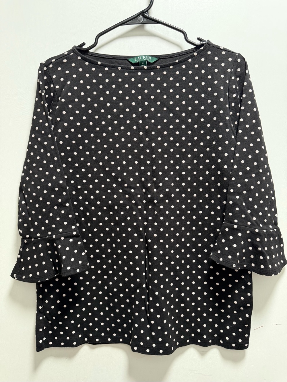 RALPH LAUREN WOMENS SHIRT BLACK WHITE POLKA DOTS 3/4 SLEEVE SLIGHT BELL